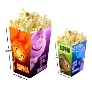 Elemental - Cajas de palomitas personalizadas con nombre y edad - Pack de 12 - 100% cartón - Tamaños pequeño y grande