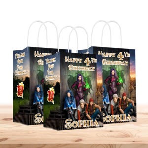 Bolsas de regalo de Descendientes personalizadas con nombre y edad - Asas resistentes - Pack de 12 - 100% cartón - Fácil montaje