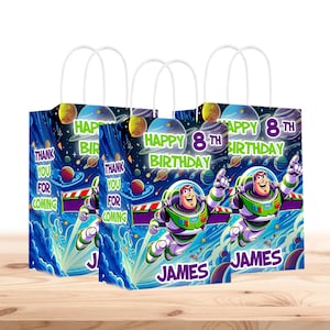 Bolsas de regalo de Buzz Lightyear personalizadas con nombre - Asas resistentes - Paquete de 12 - 100% cartón - Fáciles de montar