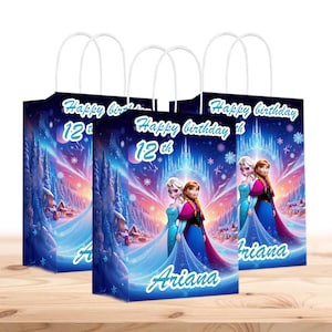 Bolsas de regalo de Frozen personalizadas con nombre - Asas resistentes - Paquete de 12 - 100% cartón - Fáciles de montar