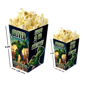 Hulk - Cajas de palomitas personalizadas con nombre y edad - Pack de 12 - 100% cartón - Fácil montaje - Disponible en tamaños pequeño y grande