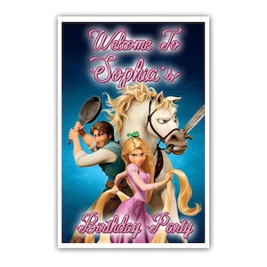 Letrero de bienvenida personalizado de la Princesa Rapunzel (30 x 45 cm), impreso en cartón 100 % y empaquetado en tubo gratis.