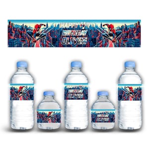Spiderman Waterproof Party Stickers – Custom Name and Age – 12 Labels for Bottles, Cups and Boxes – Birthday Party Favors