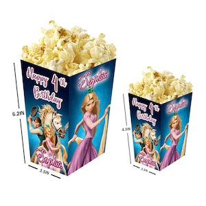 Cajas de palomitas de maíz de la película Enredados de Rapunzel personalizadas con nombre y edad - Paquete de 12 - 100% cartón - Fácil de armar - Disponible en tallas S y L
