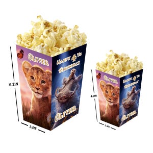 El Rey León - Cajas de palomitas Mufasa personalizadas con nombre y edad - Pack de 12 - 100% cartón - Fáciles de montar - Tamaños pequeño y grande