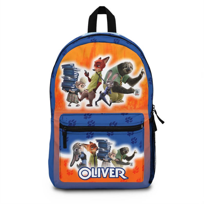 May include: Blue backpack featuring characters from Zootopia, with an orange and blue background. The backpack has a front pocket with a zipper and the name "OLIVER" in white letters. The backpack has a black handle and paw print details.