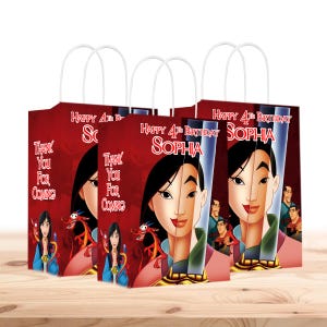 Bolsas de regalo de Mulan personalizadas con nombre y edad - Asas resistentes - Paquete de 12 - 100% cartón - Fácil de montar