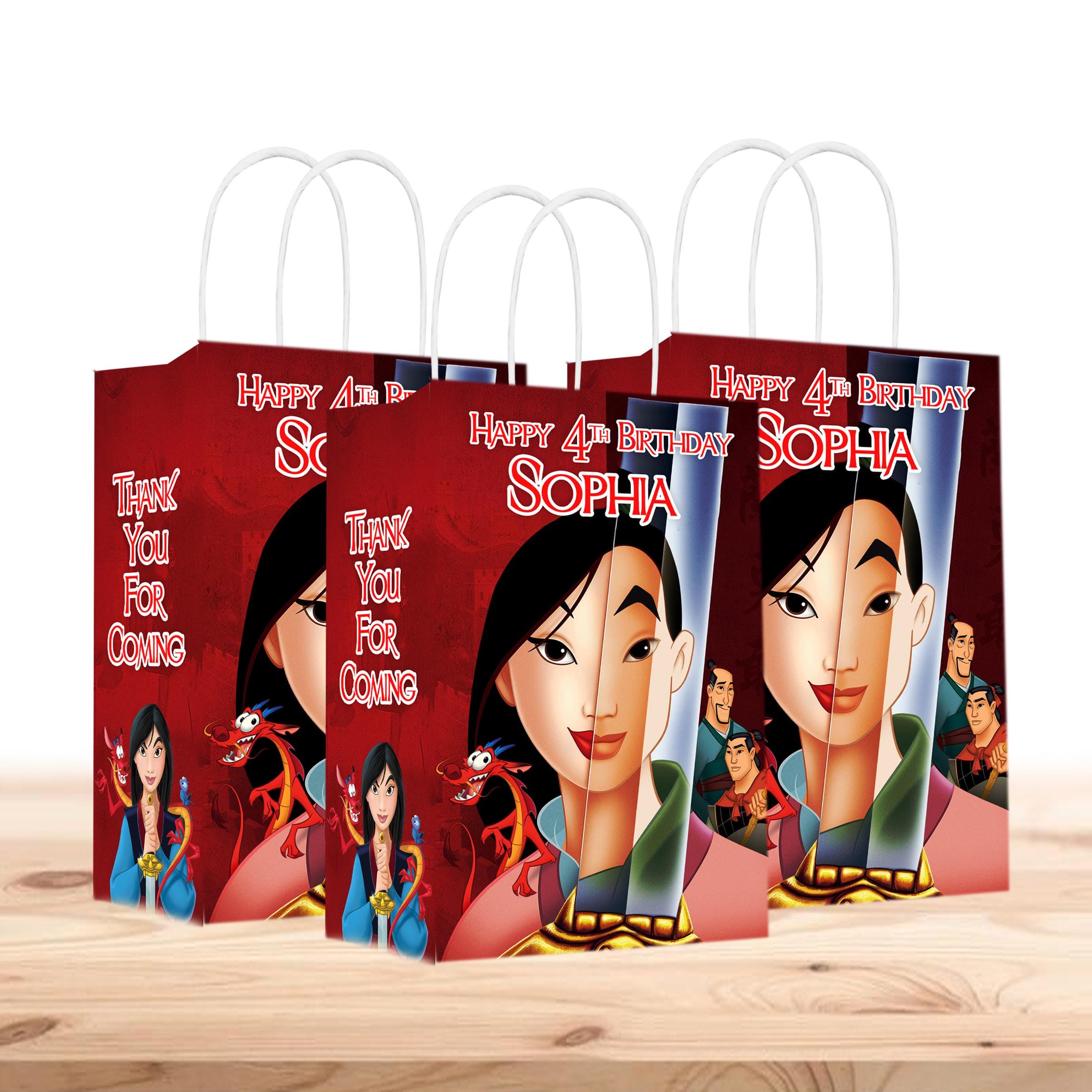 Mulan Favor Bags personalized with the name and age - Sturdy handles - 12 pack - 100% cardboard - Easy to assemble