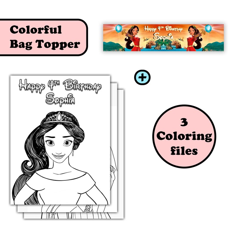 May include: A printable coloring page featuring a black and white illustration of a princess with a crown and long hair. The text "Happy 4th Birthday Sophia" is at the top of the page. There are three coloring pages included.