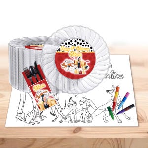 May include: A party supplies set featuring a Dalmatian theme. Includes white plates with a black and red design, cutlery, and a coloring sheet with crayons. The plates have a scalloped edge and a central graphic.