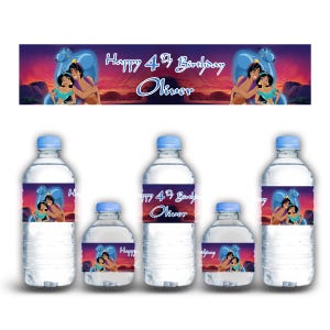 Princess Jasmine - Aladdin Waterproof Stickers - Party Labels - Customizable with Name and Age - 12 Pack for Bottles, Cups and Boxes