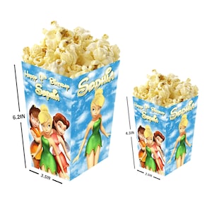 Campanilla - Cajas de palomitas de maíz Hadas Disney personalizadas con nombre y edad - Paquete de 12 - 100% cartón - Fáciles de montar - Tallas S y L