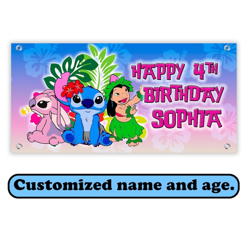 Personalized Lilo and Stitch Birthday Banner Purple/Pink