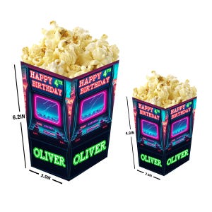 Arcade - Videojuegos - Cajas de palomitas personalizadas con nombre y edad - Pack de 12 - 100% cartón - Fácil montaje - Tamaños pequeño y grande
