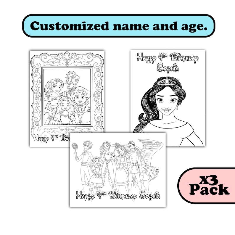 May include: A set of three printable coloring pages featuring a princess character. The pages include a princess with a crown, a princess with her family, and a princess with her friends. The text on the pages reads "Happy 4th Birthday Sophia".