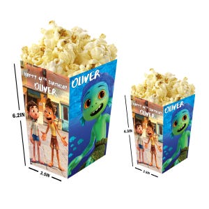 Luca - Cajas de palomitas personalizadas con nombre y edad - Pack de 12 - 100% cartón - Fáciles de montar - Tamaños pequeño y grande