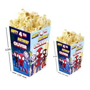 Spidey - Cajas de palomitas personalizadas con nombre y edad - Pack de 12 - 100% cartón - Fáciles de montar - Tamaños pequeño y grande