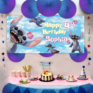 Personalized Stitch Vinyl Banner – 24x48in Matte Waterproof – Custom Name & Age – Indoor/Outdoor – Grommets Included