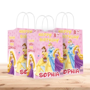 Bolsas de regalo de Princesas Disney personalizadas con nombre - Asas resistentes - Paquete de 12 - 100% cartón - Fáciles de montar