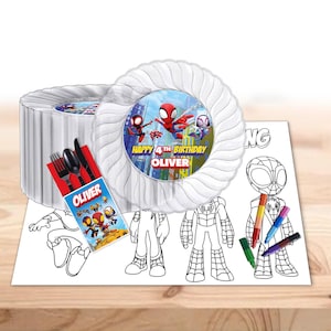 Personalized Spidey Birthday Party Tableware Kit: Placemats, Cutlery Holders, Plate Stickers