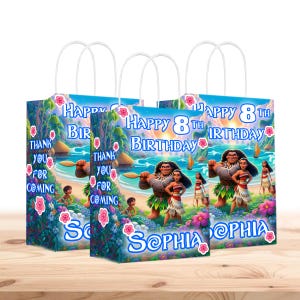 Bolsas de regalo de Moana personalizadas con nombre - Asas resistentes - Paquete de 12 - 100% cartón - Fáciles de montar