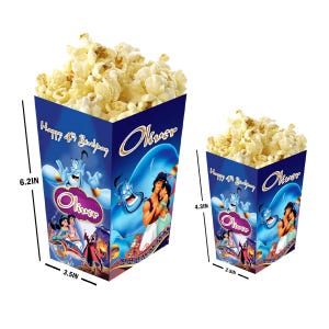 Princesa Jasmine - Aladdin - Cajas de palomitas personalizadas con nombre y edad - Paquete de 12 - 100% cartón - Fácil de montar - Tamaños S y L