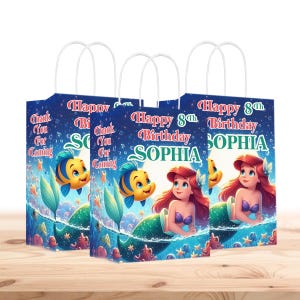 Bolsas de regalo de La Sirenita personalizadas con nombre - Asas resistentes - Paquete de 12 - 100% cartón - Fáciles de montar