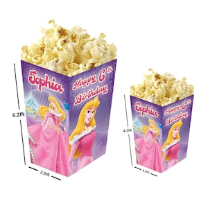La Bella Durmiente - Cajas de Palomitas personalizadas con nombre y edad - Pack de 12 - 100% cartón - Fáciles de montar - Tamaños pequeño y grande