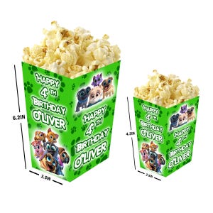 Puppy Dog Pals - Cajas de palomitas personalizadas con nombre y edad - Paquete de 12 - 100% cartón - Fáciles de montar - Tamaños pequeño y grande