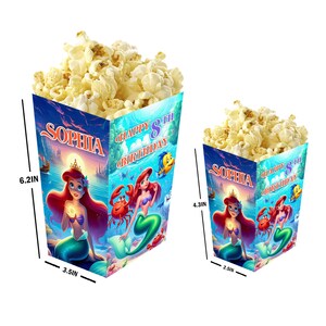 La Sirenita - Cajas de palomitas personalizadas con nombre y edad - Pack de 12 - 100% cartón - Fáciles de montar - Tamaños pequeño y grande