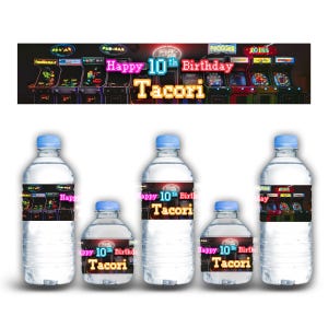 Arcade Waterproof Party Stickers – Custom Name and Age – 12 Labels for Bottles, Cups and Boxes – Birthday Party Favors