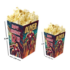Ironman - Cajas de palomitas personalizadas con nombre y edad - Pack de 12 - 100% cartón - Fácil montaje - Disponible en tamaño pequeño y grande