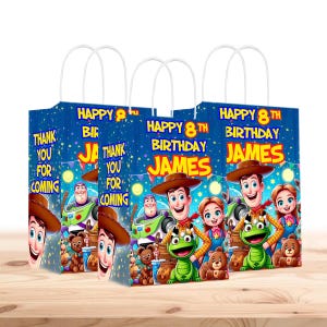 Bolsas de regalo de Toy Story personalizadas con nombre - Asas resistentes - Paquete de 12 - 100% cartón - Fáciles de montar