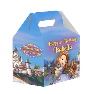 May include: A blue gable-shaped party favor box with a handle, featuring a princess and castle scene. Text reads "Happy 4th Birthday Isabella" and "Thank You For Coming". A squirrel and a bird are also depicted.