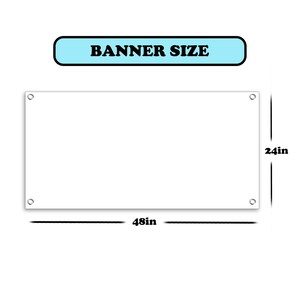 Pu&ograve; includere: Un banner bianco con la scritta "BANNER SIZE" in un rettangolo azzurro. Il banner &egrave; largo 122 cm e alto 61 cm, con occhielli in ogni angolo.