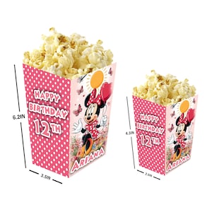 Minnie Mouse - Cajas de palomitas personalizadas con nombre y edad - Pack de 12 - 100% cartón - Fáciles de montar - Disponibles en tamaño pequeño y grande