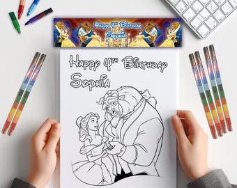 Beauty and The Beast Coloring Kit: 3 Printable Coloring Pages + Full-Color Bag Topper (Digital Download)