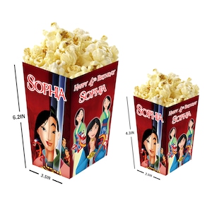Mulan - Cajas de palomitas personalizadas con nombre y edad - Pack de 12 - 100% cartón - Fáciles de montar - Disponibles en tamaño pequeño y grande