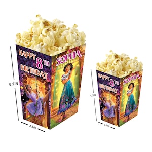 Encanto Movie - Cajas de palomitas personalizadas con nombre y edad - Paquete de 12 - 100% cartón - Fácil de armar - Tamaños pequeño y grande
