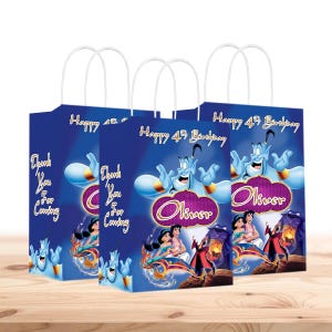 Princesa Jasmine - Aladdin - Bolsas de regalo personalizadas con nombre y edad - Asas resistentes - Paquete de 12 - 100% cartón - Fácil de montar