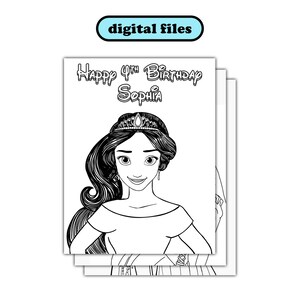 May include: Black and white printable coloring page featuring a princess with a crown and the text "Happy 4th Birthday Sophia".
