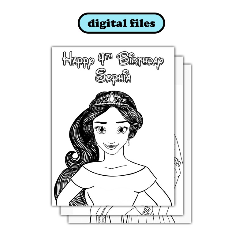 May include: Black and white printable coloring page featuring a princess with a crown and the text "Happy 4th Birthday Sophia".