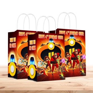 Bolsas de regalo de Los Increíbles personalizadas con nombre - Asas resistentes - Paquete de 12 - 100% cartón - Fáciles de armar