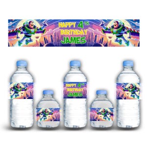 Buzz Lightyear Waterproof Stickers - Party Labels - Customizable with Name and Age - 12 Pack for Bottles, Cups and Boxes