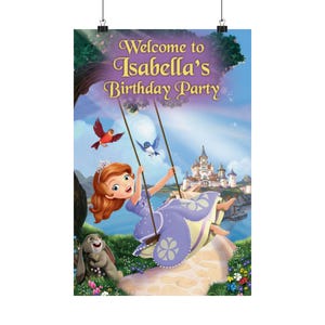 May include: A poster with the text "Welcome to Isabella's Birthday Party." The image features a cartoon girl on a swing, a castle, birds, and a rabbit. The girl wears a purple dress and a tiara. The background is a blue sky with clouds.