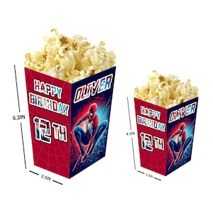Spiderman - Cajas de palomitas personalizadas con nombre y edad - Pack de 12 - 100% cartón - Fácil montaje - Tamaños pequeño y grande