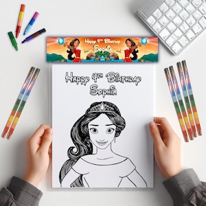 May include: A coloring page featuring a black and white line drawing of a princess with a crown and long hair. The page is titled "Happy 4th Birthday Sophia". The image also includes a banner with the text "Happy 4th Birthday Sophia" and a cartoon image of the princess.