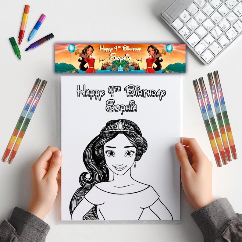 May include: A coloring page featuring a black and white line drawing of a princess with a crown and long hair. The page is titled "Happy 4th Birthday Sophia". The image also includes a banner with the text "Happy 4th Birthday Sophia" and a cartoon image of the princess.