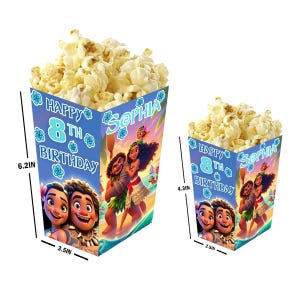 Moana - Cajas de palomitas personalizadas con nombre y edad - Pack de 12 - 100% cartón - Fáciles de montar - Disponibles en tamaños pequeño y grande