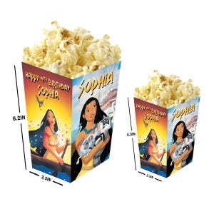 Pocahontas - Cajas de palomitas personalizadas con nombre y edad - Paquete de 12 - 100% cartón - Fáciles de montar - Tamaños pequeño y grande